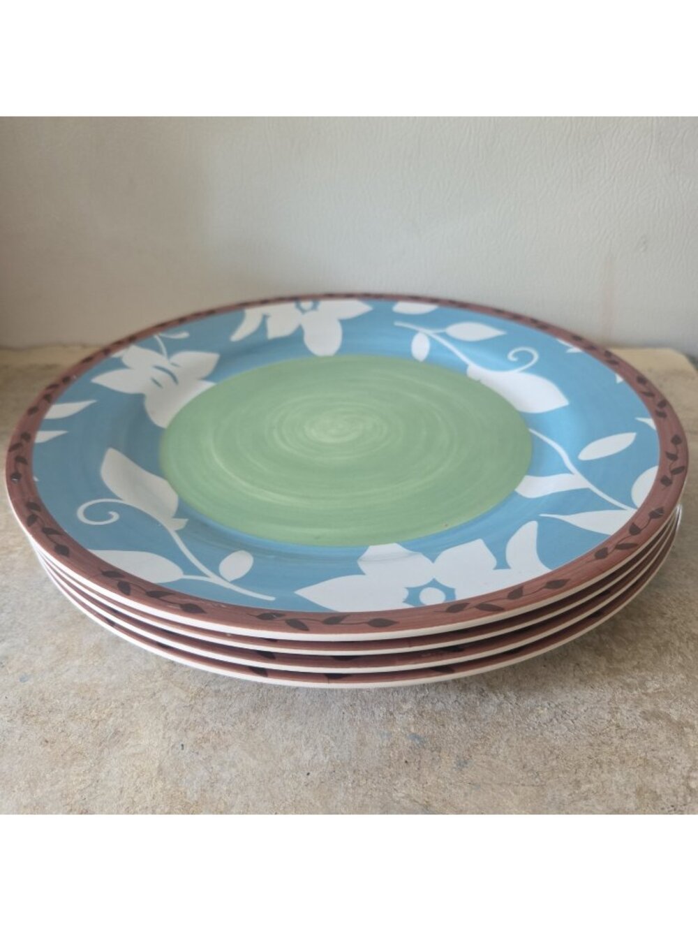 4 Pfaltzgraff Patio Garden Melamine Dinner Plates 11 Inch Green Blue AS IS